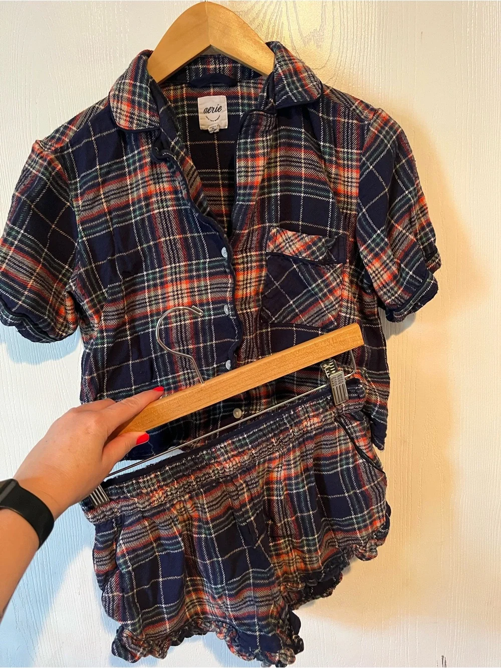 Aerie Navy Blue Plaid Flannel Ruffle Hem Pajama Set Women Sz XS
